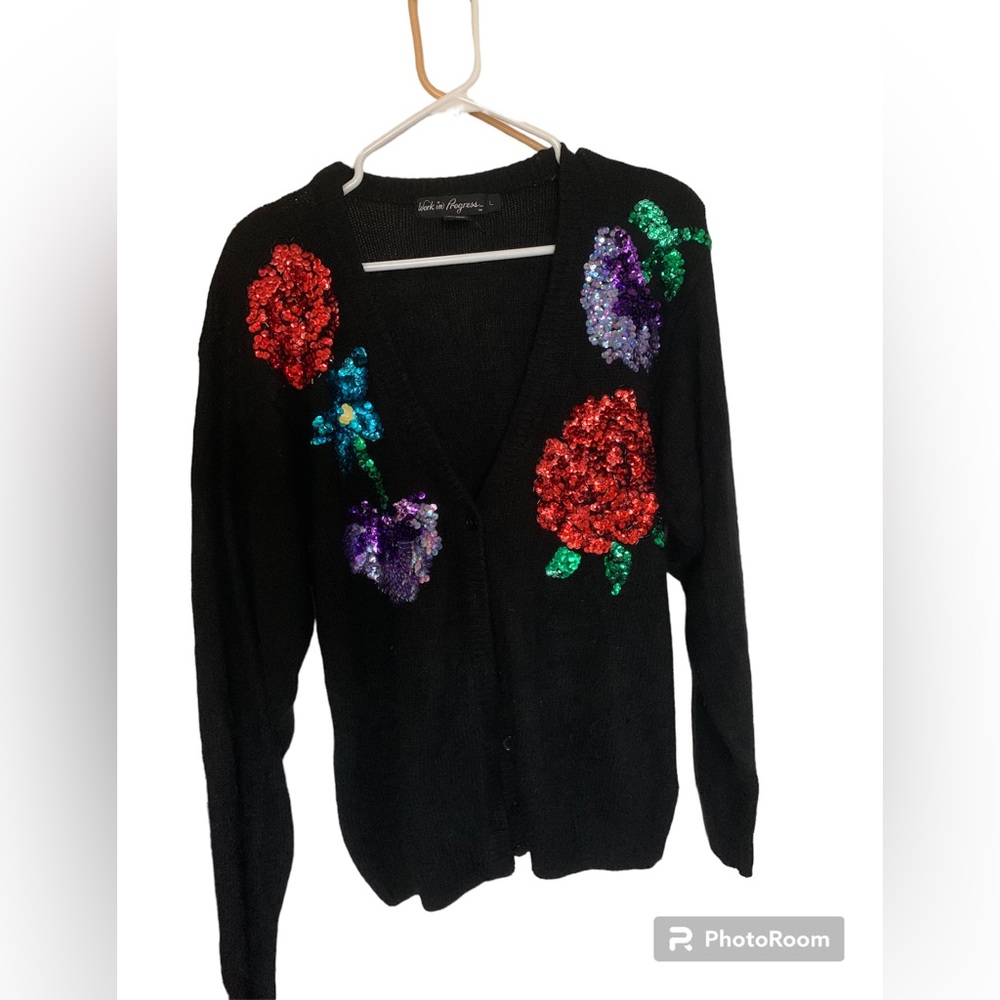 Vintage Work in Progress Large Cardigan Floral Sequin  silk angora wool blend